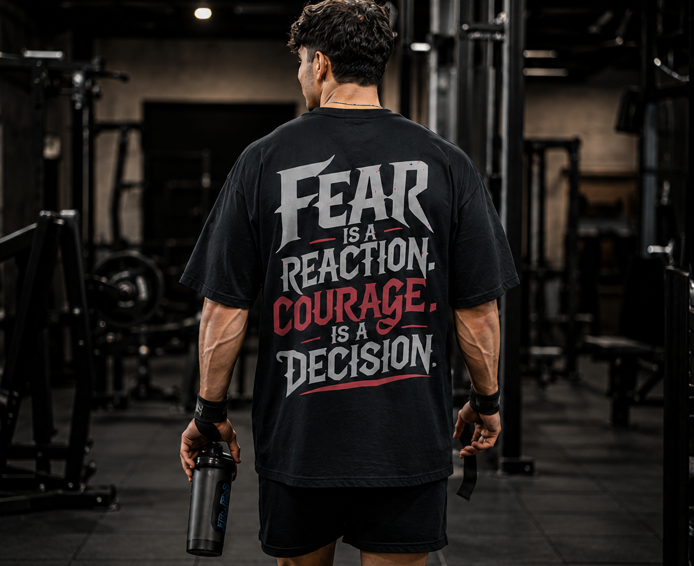 Fear Is a Reaction Oversized Gym T-Shirt for Men | Premium Cotton Motivational Graphic Tee | Black | KVLTVR