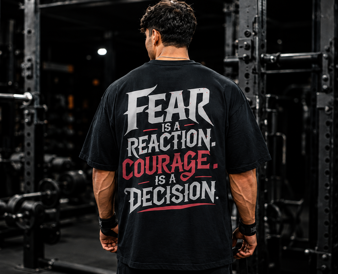 Fear Is a Reaction Oversized Gym T-Shirt for Men | Premium Cotton Motivational Graphic Tee | Black | KVLTVR