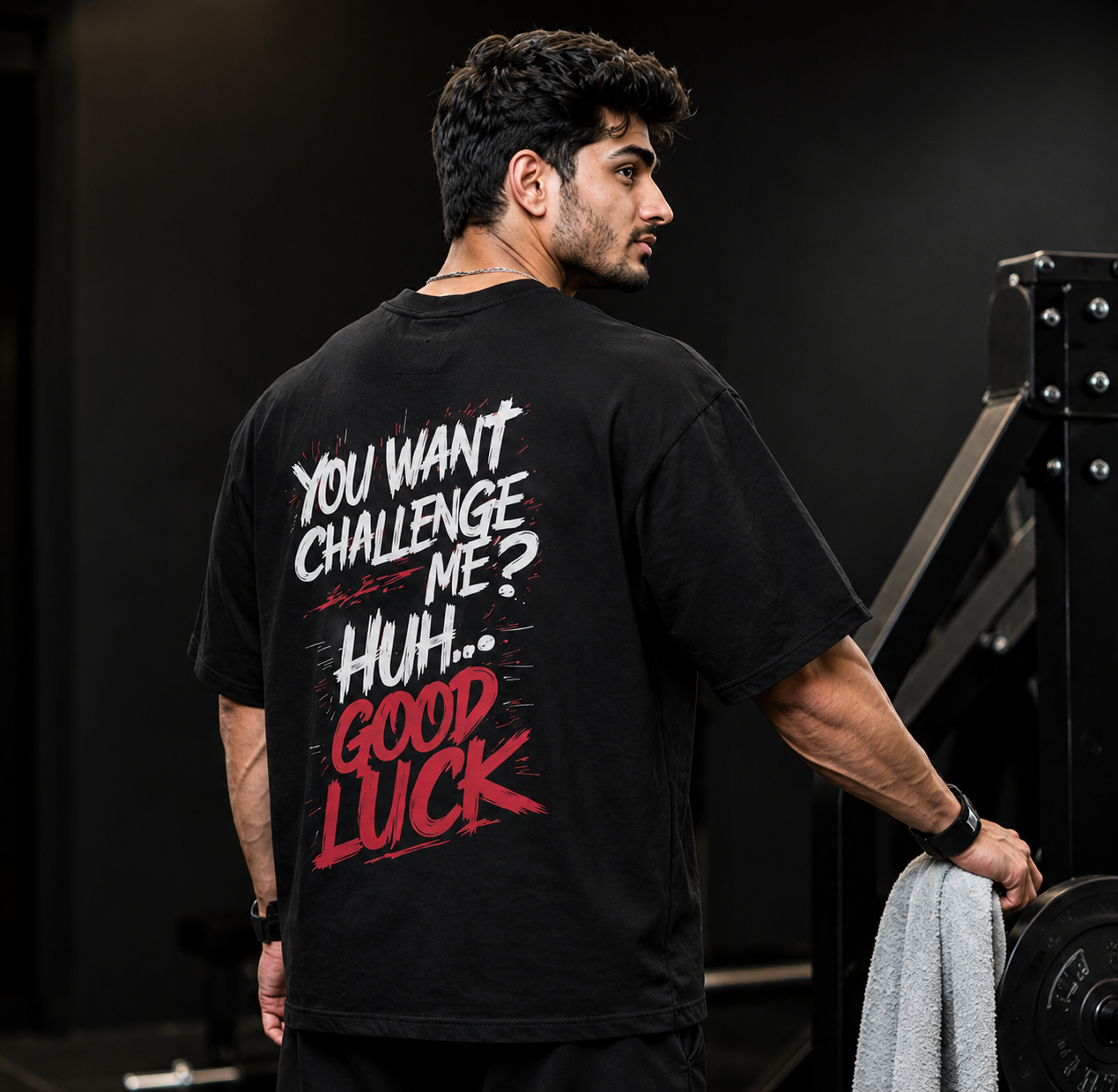 Good Luck Challenge Oversized Gym T-Shirt for Men | Motivational Graphic Back Print | Premium Cotton Streetwear Tee | Black | KVLTVR