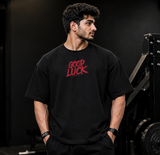 Good Luck Challenge Oversized Gym T-Shirt for Men | Motivational Graphic Back Print | Premium Cotton Streetwear Tee | Black | KVLTVR