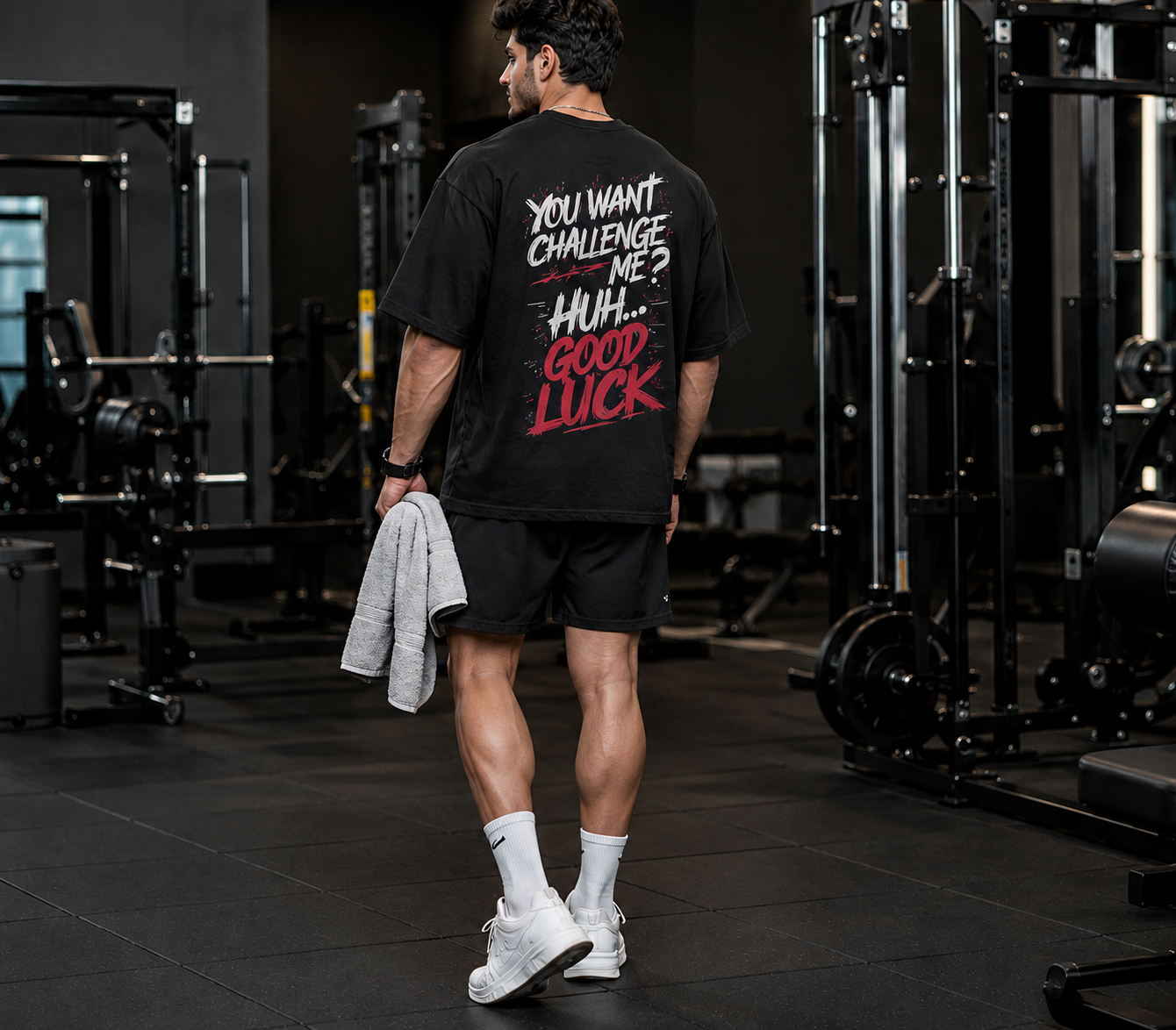 Good Luck Challenge Oversized Gym T-Shirt for Men | Motivational Graphic Back Print | Premium Cotton Streetwear Tee | Black | KVLTVR