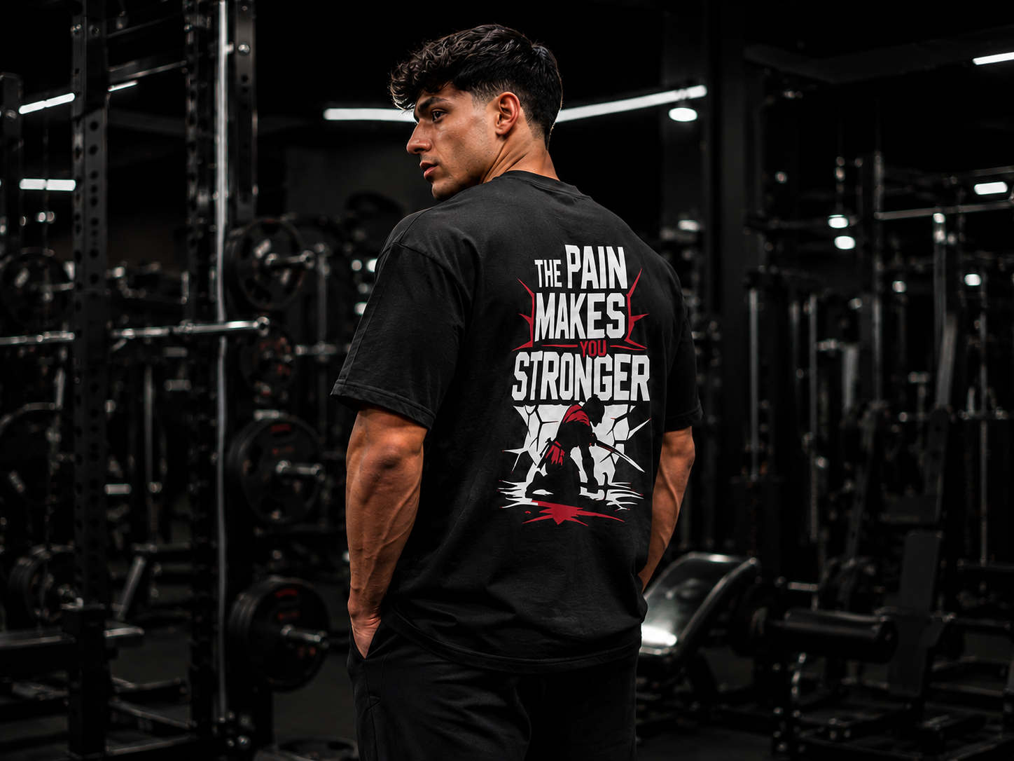 The Pain Makes You Stronger Oversized Gym T-Shirt for Men | Motivational Graphic Back Print | Premium Cotton Streetwear Tee | Black | KVLTVR