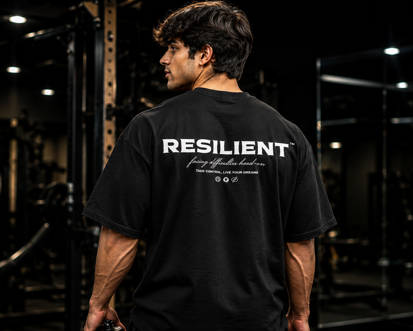 Resilient Oversized Gym T-Shirt for Men | Premium Cotton Motivational Graphic Streetwear Tee | Black | KVLTVR