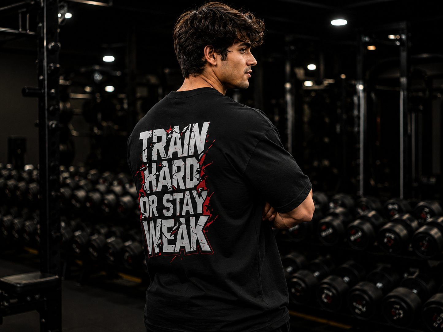 Train Hard or Stay Weak Oversized Gym T-Shirt for Men | Motivational Graphic Back Print | Premium Cotton Streetwear Tee | Black | KVLTVR