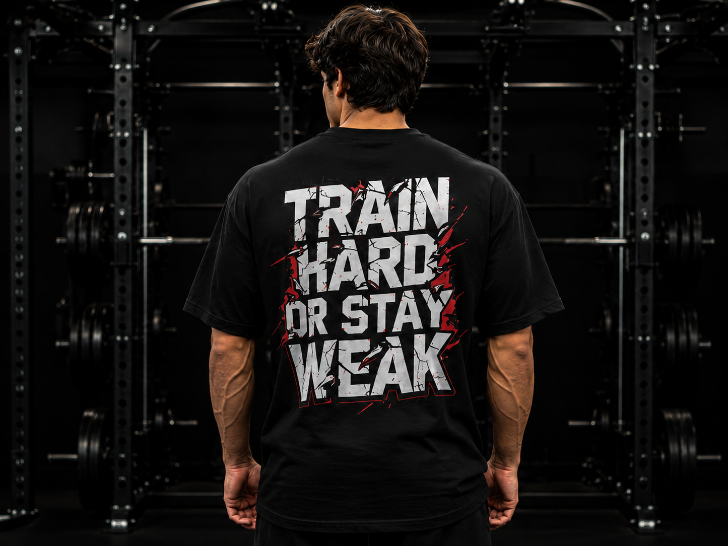 Train Hard or Stay Weak Oversized Gym T-Shirt for Men | Motivational Graphic Back Print | Premium Cotton Streetwear Tee | Black | KVLTVR